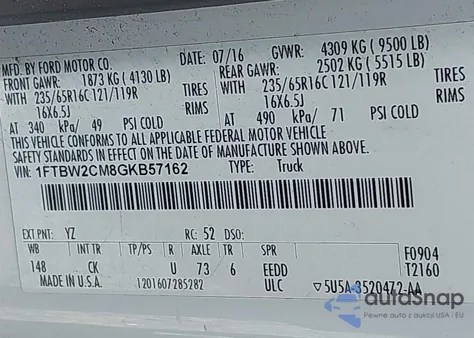 2016 Ford Transit-350 z USA, uszkodzony, nr VIN 1FTBW2CM8GKB57162